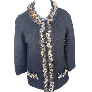 Chicos Knit Jacket Leopard &Lace Ruffle Trim Cardigan Hook Eye Closure Size 0